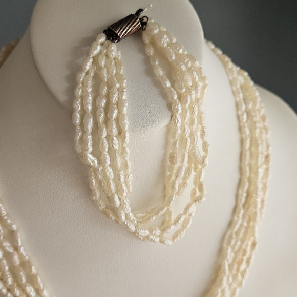 Vintage Pearl Necklace & Bracelet Set Multistrand Genuine Freshwater Rice Pearl - Picture 4 of 12